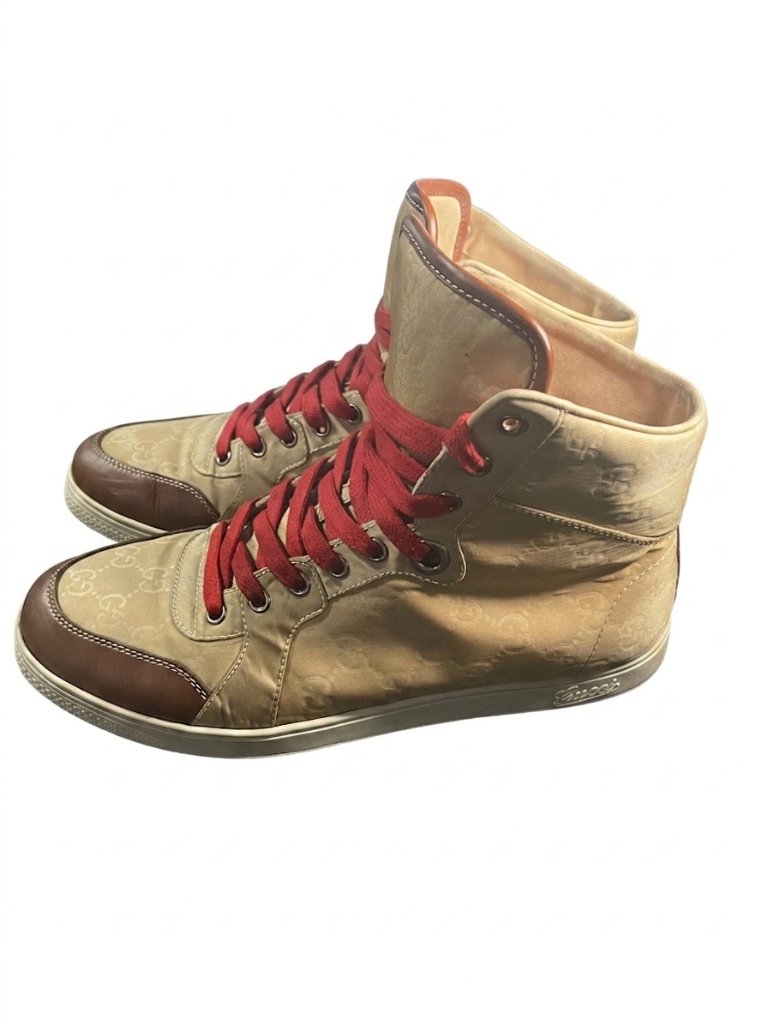 Gucci Gg Monogram High Top Sneakers Beige Brown Leather S Men’s Shoes Sz 8.5